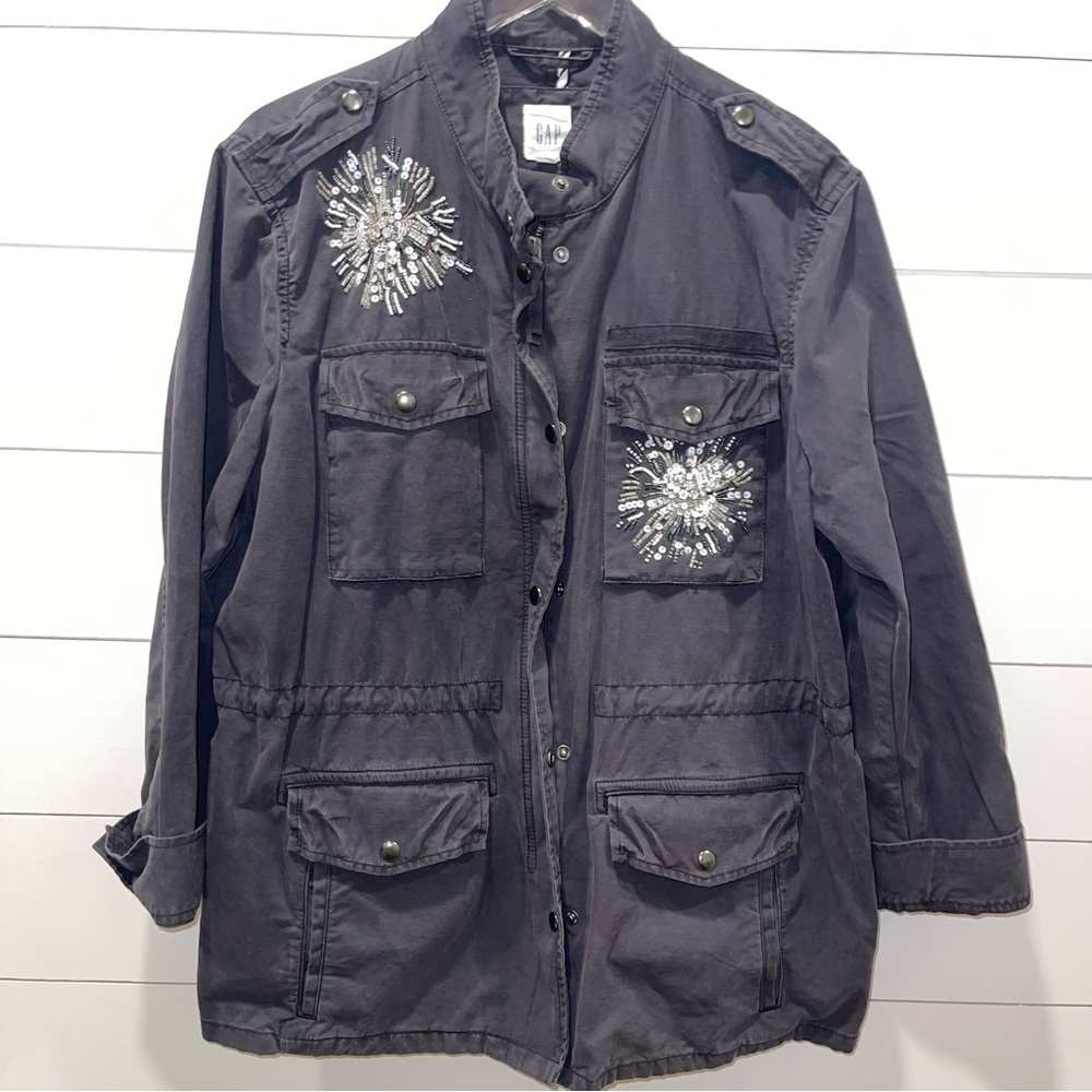 GAP Women’s Dark Gray Sequined Accents Military Utility Jacket Size XL
